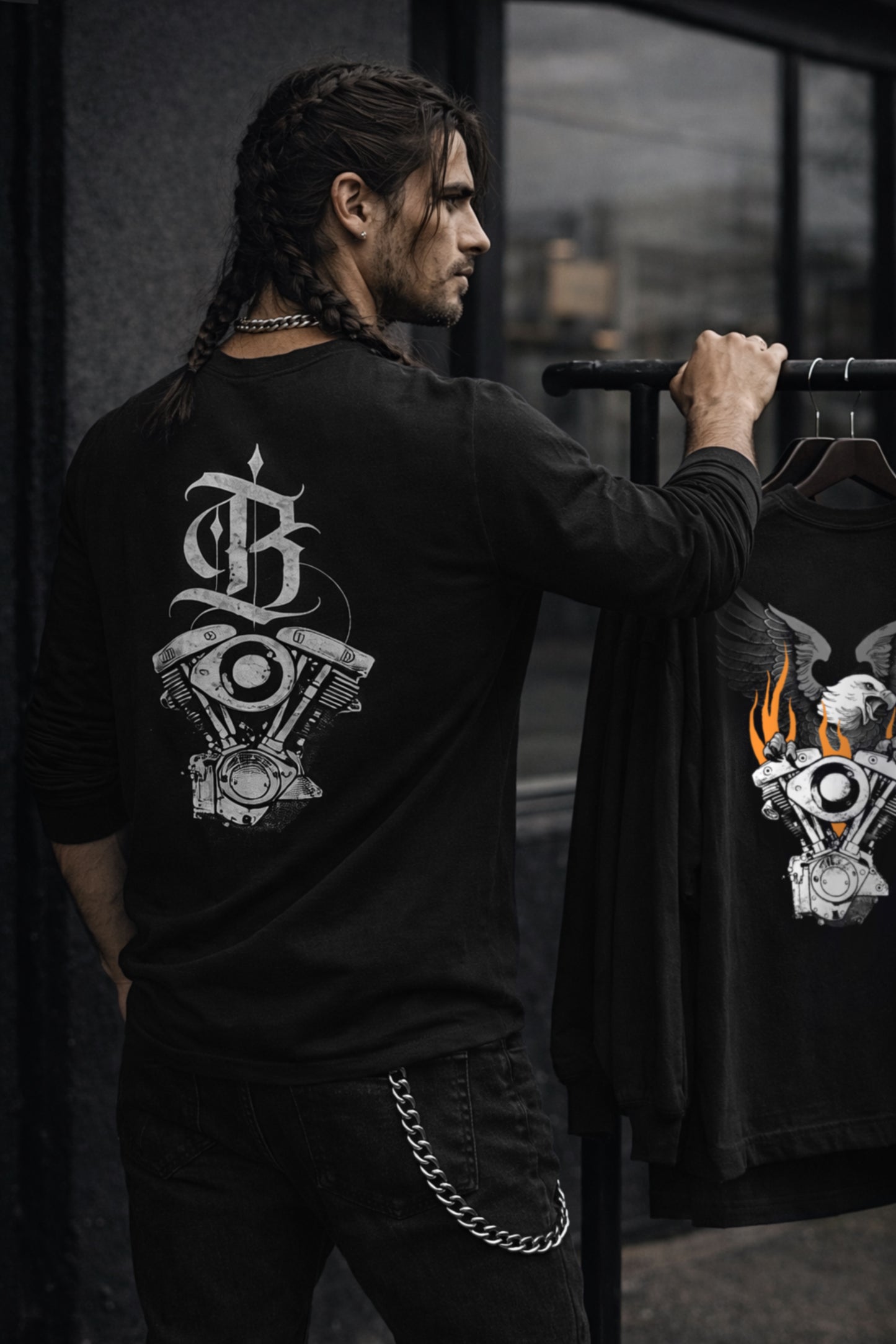 FLAMING SHOVELHEAD LONG SLEEVE TEE (front & back)