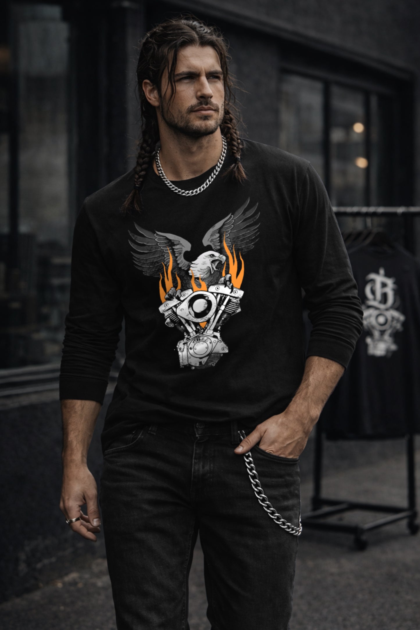 FLAMING SHOVELHEAD LONG SLEEVE TEE (front & back)