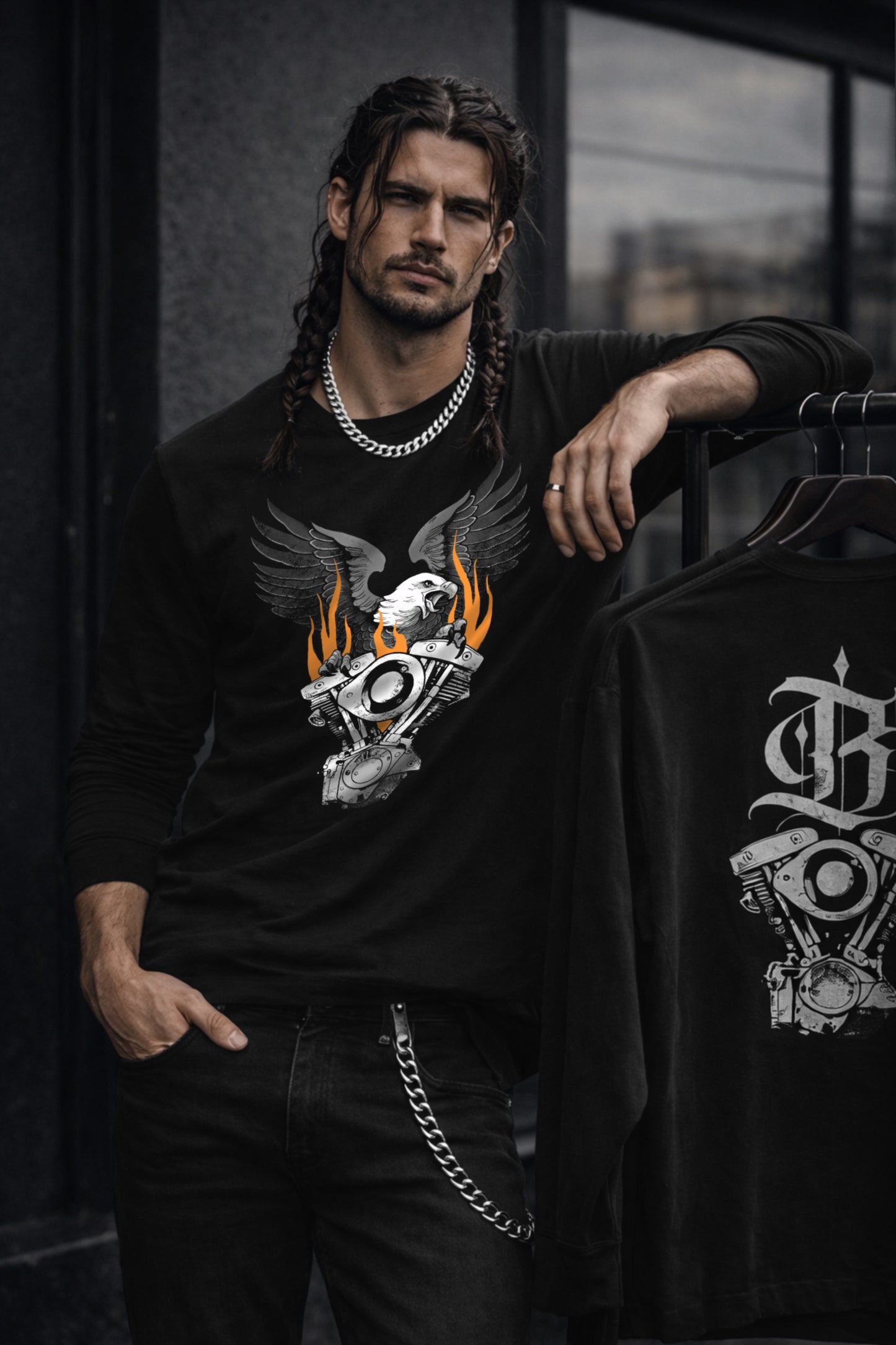 FLAMING SHOVELHEAD LONG SLEEVE TEE (front & back)