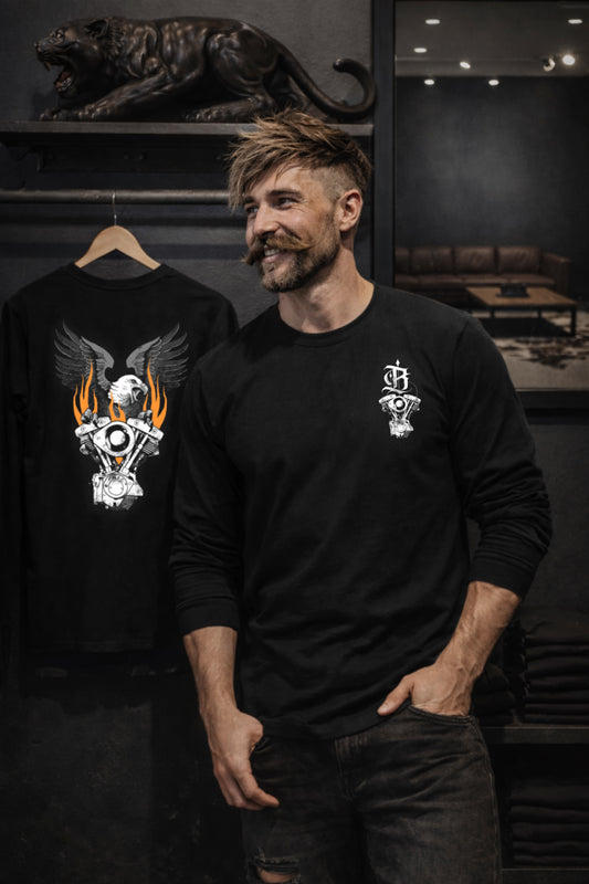 FLAMING SHOVELHEAD LONG SLEEVE TEE (front & back)